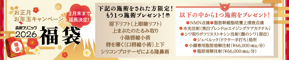 横浜院 お正月お年玉キャンペーン/下記の施術をされた方限定！もう1つ施術プレゼント 対象施術：眉下リフト（上眼瞼リフト）・上まぶたのたるみ取り・小陰唇縮小術・唇を薄く（口唇縮小術）上下・シリコンプロテーゼによる隆鼻術/以下の中から1つ施術をプレゼント！ MN点滴・脂肪幹細胞培養上清液点滴・水光注射（美白ブレンドorエイジングケアカクテル）・シワ取りボツリヌストキシン注射（顔のシワ１部位）・ジュベルック（ドクター手打ち）局所・小顔専用脂肪溶解注射（¥66,000（税込）分）・脂肪溶解注射（¥66,000（税込）分）/※ドクター指名はできない場合があります※ポイント利用不可※2026年2月末まで限定※小陰唇縮小は女医が対応いたします※施術の組み合わせは診察時に要相談※同一施術はお一人様一回限り有効