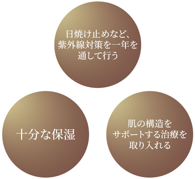 日焼け止めなど、紫外線対策を一年を通して行う／十分な保湿／肌の構造をサポートする治療を取り入れる