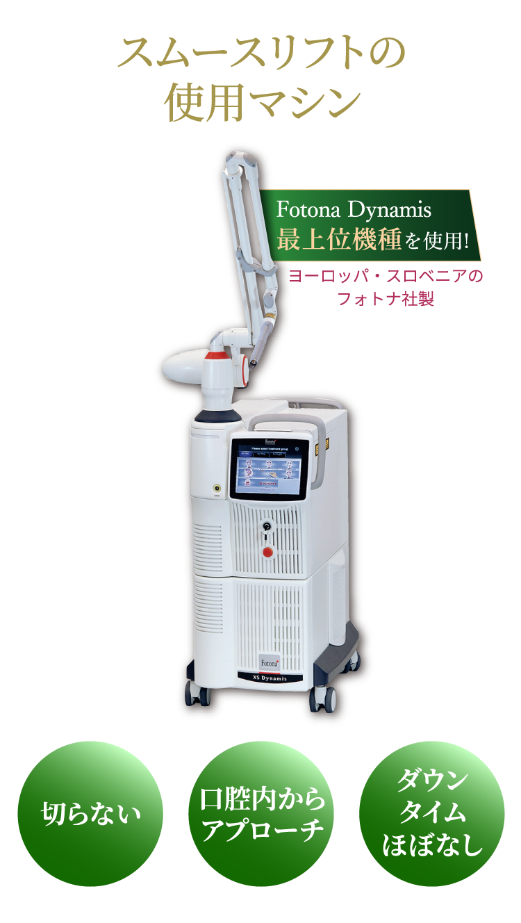 スムースリフトの使用マシン/Fotona Dynamis最上位機種を使用！/切らない、口腔内からアプローチ、ダウンタイムほぼなし