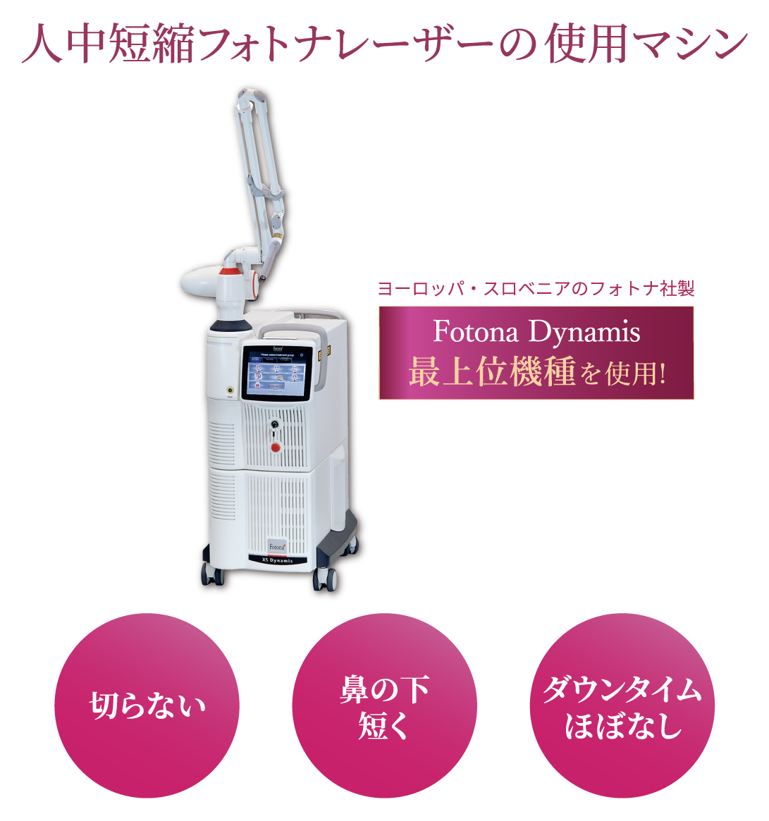 人中短縮フォトナレーザーの使用マシン/Fotona Dynamis最上位機種を使用！/切らない、鼻の下短く、ダウンタイムほぼなし