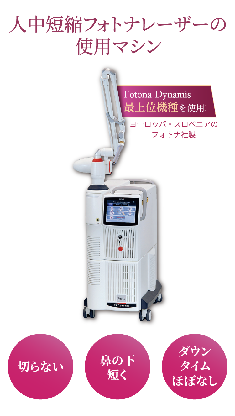 人中短縮フォトナレーザーの使用マシン/Fotona Dynamis最上位機種を使用！/切らない、鼻の下短く、ダウンタイムほぼなし