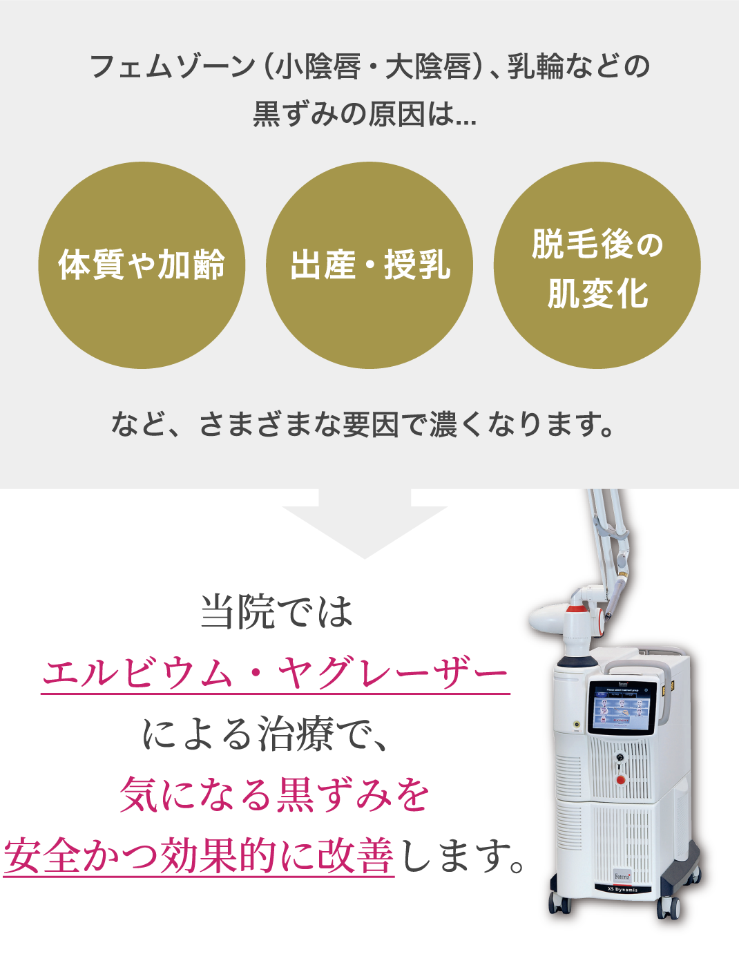 フェムゾーン（小陰唇・大陰唇）、乳輪などの
			黒ずみの原因は...体質や加齢、出産・授乳、脱毛後の肌変化など、さまざまな要因で濃くなります。当院ではエルビウム・ヤグレーザーによる治療で、気になる黒ずみを安全かつ効果的に改善します。