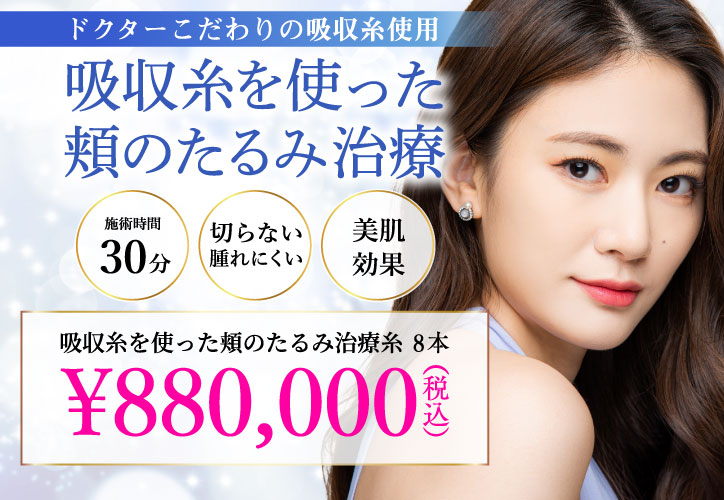 ドクターこだわりの吸収糸使用／吸収糸を使った頬のたるみ治療／施術時間30分、切らない・腫れにくい、美肌効果／8本 880,000円（税込）