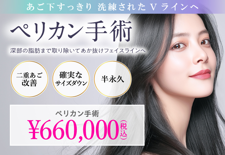 あご下すっきり 洗練されたVラインへ／ペリカン手術／深部の脂肪まで取り除いてあか抜けフェイスラインへ／二重あご改善、確実なサイズダウン、半永久／660,000円（税込）